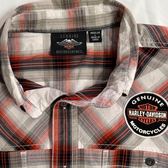 Harley-Davidson Mens Plaid Short Sleeve Button Up Shirt Orange Black White Large - Picture 5 of 10